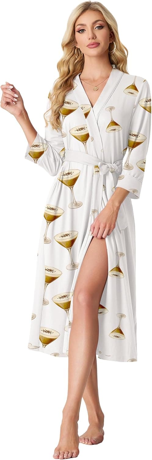 Detalle de PrinStory Damen-Leichtkimono Bademantel mit 3/4-Ärmeln (95% Viskose, 5% Elasthan)