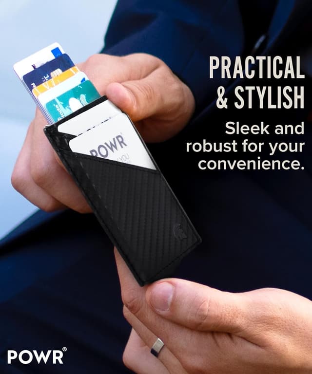 Detalle de POWR porta carte RFID in metallo slim: mini wallet con blocco doppio e espulsione pop-up