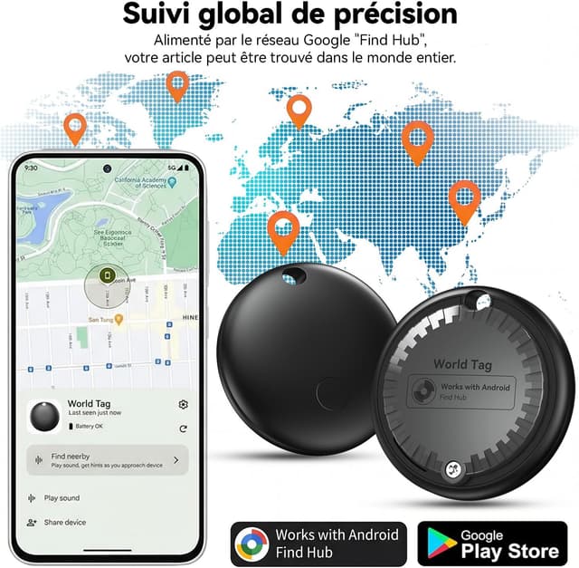 Detalle de Pack de 4 Smart Tag Android Bluetooth Keyfiner (noir) compatibles Google Find Hub, batterie remplaçable