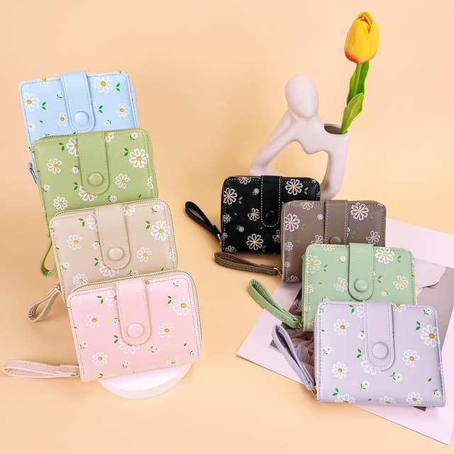 Detalle 2 de Busnos Damen-Geldbörse klein: Blüten-Design in Violett mit Münzfach & Kartenfächern