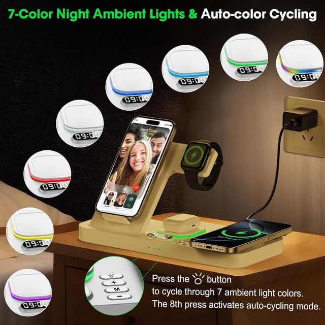 Detalle 2 de Dual Phone Wireless Charging Station for Apple Devices (Magnetic Charging) with 7-Color Light & 12-Hour Clock