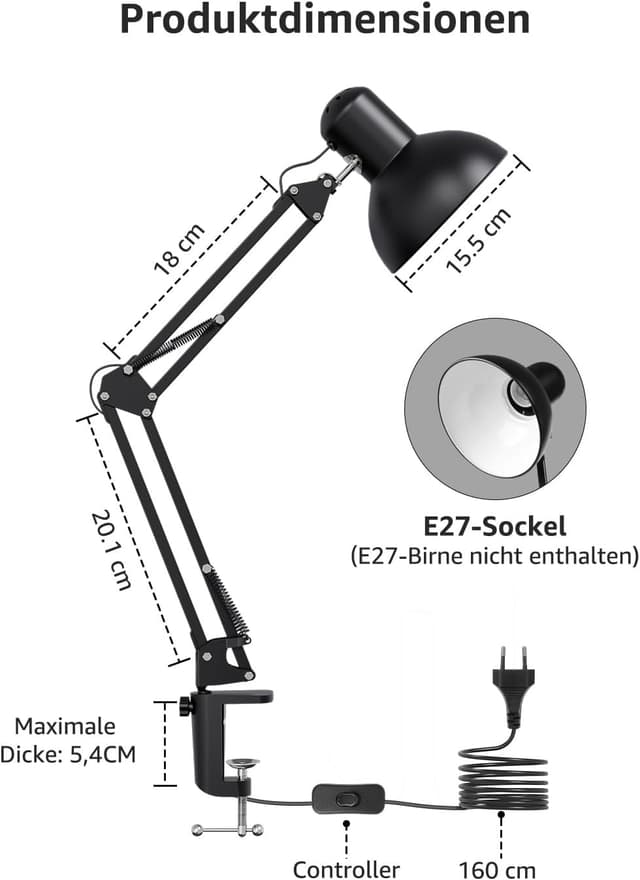 Detalle de Lepro Retro-Schreibtischlampe mit Klemme, E27 (HxBxT 38 x 15 x 27 cm), schwenkbar und verstellbar in Schwarz