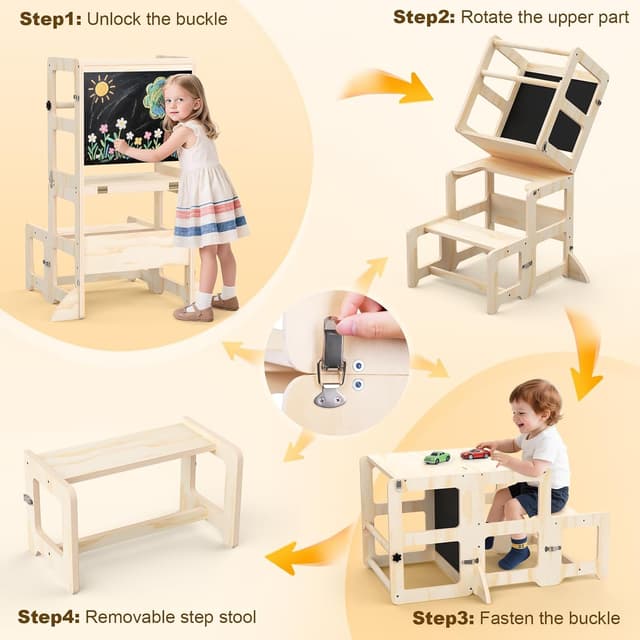 Detalle de Toddler Kitchen Step Stool 4-in-1 Foldable Standing Tower with Blackboard (Ages 18 Months to 4 Years)