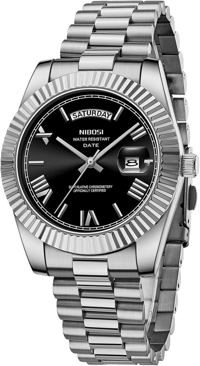 Detalle 2 de NIBOSI Herrenarmbanduhr mit analogem Quarzwerk, Edelstahlband, Tag- und Datumsanzeige (3 ATM)
