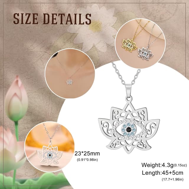 Detalle de Dreamtimes collier mauvais œil avec pendentif fleur de lotus en acier inoxydable pour femme
