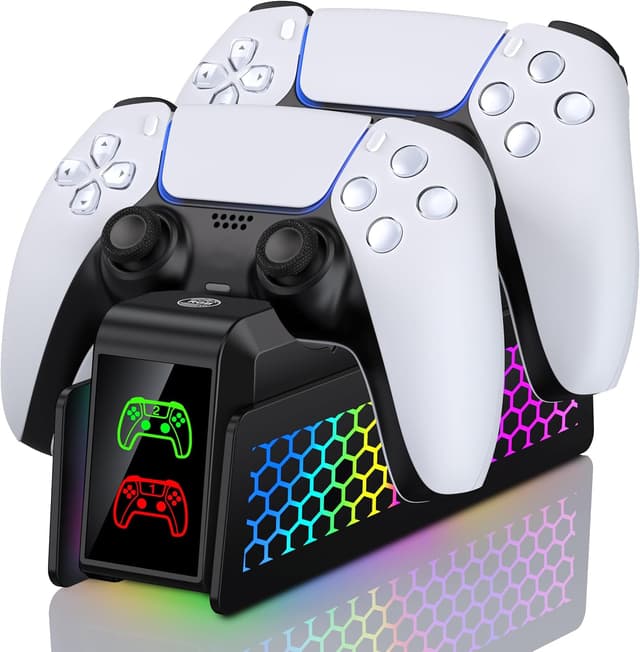 Detalle de PS5 Controller Ladestation mit Cooler RGB-Lichteffekt für PlayStation 5 DualSense (2 Controller, Schnellladung)