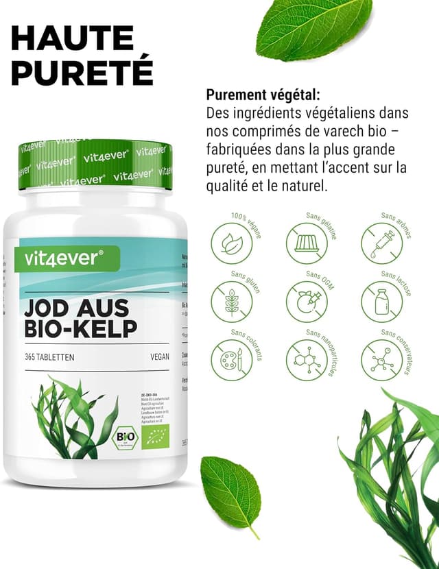 Detalle de Kelp Bio (Iode Naturel) – Complément alimentaire vegan, 365 comprimés dosés à 200 µg d’iode