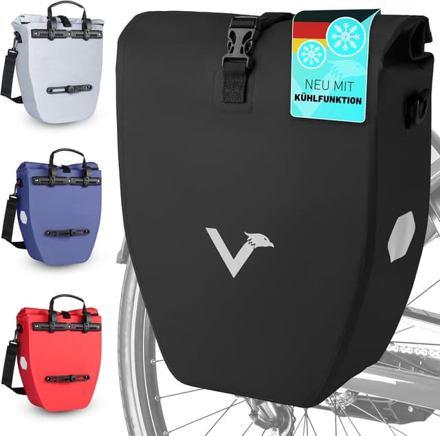 Detalle de Valkental ValkBasic große, wasserdichte Gepäckträgertasche (18–22 l) mit Reflektoren und Schloss