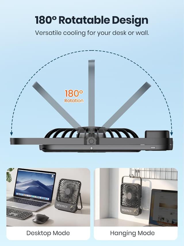 Detalle de Warmco 10000mAh Portable Desk Fan (21cm) with Digital Display and USB-C Charging