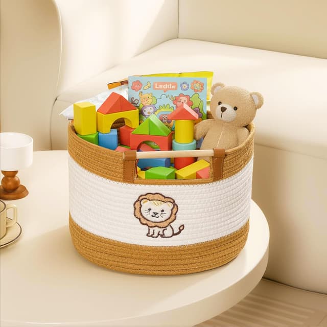 Detalle de Tidelit Baumwollseilkörbe für Kinder – gewebter Spielzeugkorb mit Holzgriffen, 17 l
