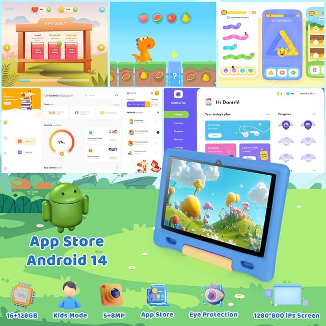 Detalle de MUISOO 10 Inch Kids Tablet (Android 14) – 16GB RAM, 128GB Storage, WiFi & Bluetooth, 5000mAh Battery