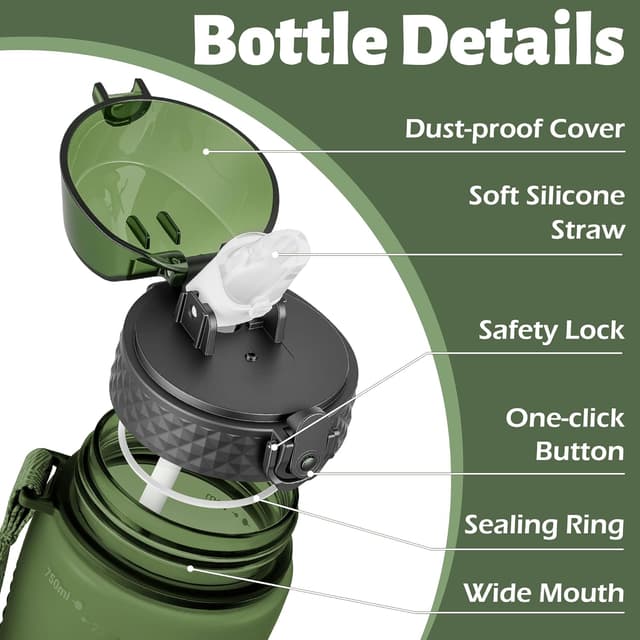 Detalle de OLDLEY 750ml/25oz water bottles with straw – BPA-free Tritan, leakproof flip-top and time markings (Army Green)