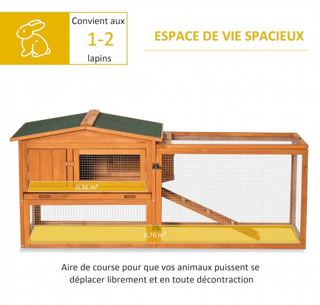 Detalle 2 de PawHut clapier en bois pour lapins à 2 étages avec toit ouvrant et tiroir à déjection