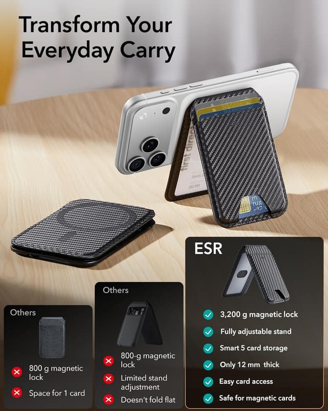 Detalle de ESR portafoglio per MagSafe con blocco RFID, supporto regolabile e spazio per 5 carte (fibra di carbonio nera)