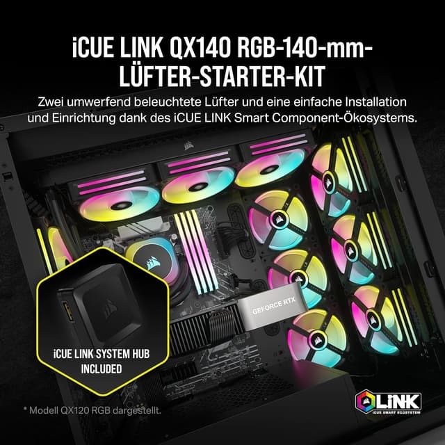 Detalle de Corsair iCUE LINK QX140 RGB 140-mm Magnetic Dome RGB Lüfter-Start-Kit (Doppelpack) – mit iCUE LINK Hub, schwarz