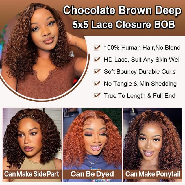 Detalle de omswet Curly BOB Human Hair Wig (200 Density) with 5x5 HD Lace Closure, Deep Wave, Glueless Wear and Go