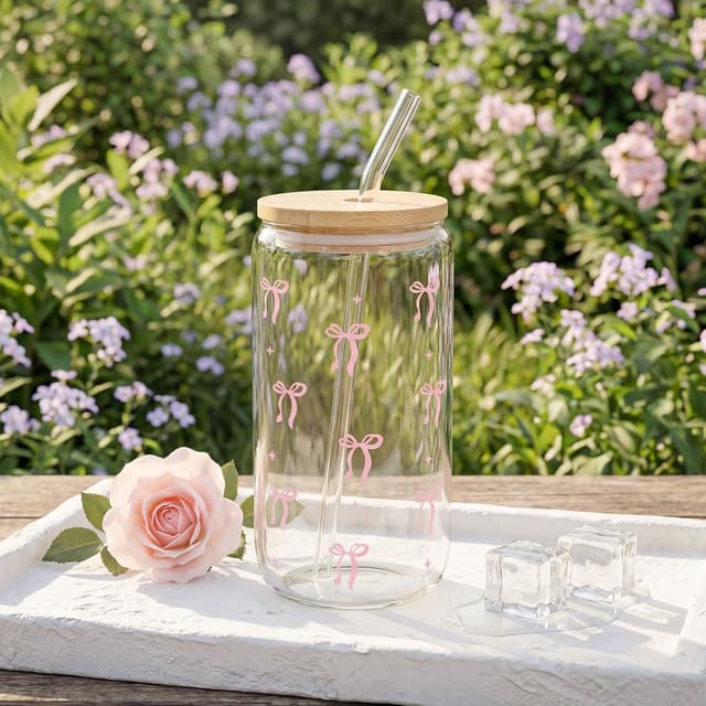 Detalle de Rosa Geschenkbox mit Schleifen-Design – Wellness-Geschenkset für Frauen mit Duftkerze, Badebombe, Glasbecher & Beauty-Accessoires