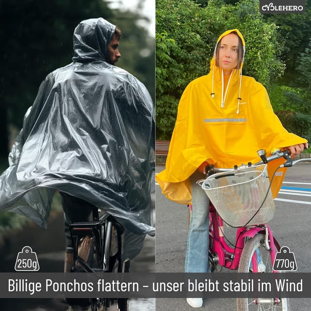 Detalle de CYCLEHERO Regenponcho fürs Fahrrad extra wasserdicht mit Reflektoren und Sichtfenstern – Regencape für Damen und Herren