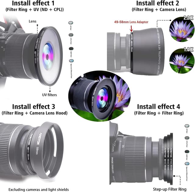 Detalle 2 de 49mm auf 58mm Objektiv-Adapterring: Step-Up Ring für Kameraobjektive und 58mm Filterzubehör
