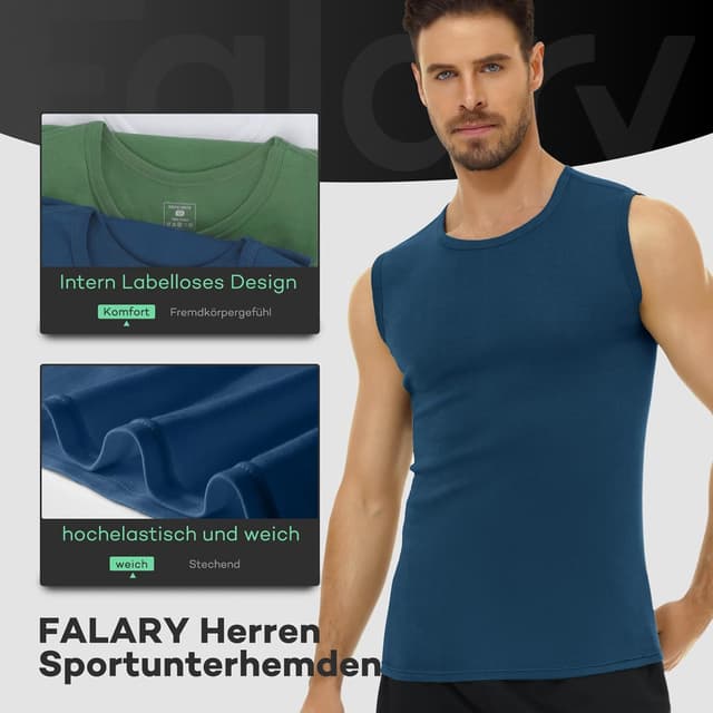 Detalle 2 de FALARY 3er Pack Herren Unterhemd aus gekämmter Baumwolle – Tank Tops im Mehrfarb-Set (S bis 5XL)