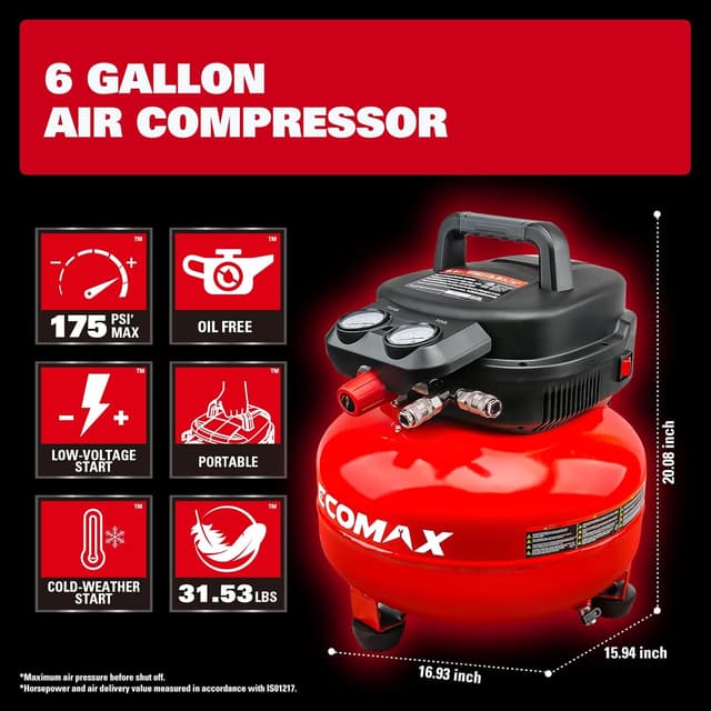 Thumbnail 2 de ECOMAX 6-Gallon Pancake Air Compressor 175 PSI