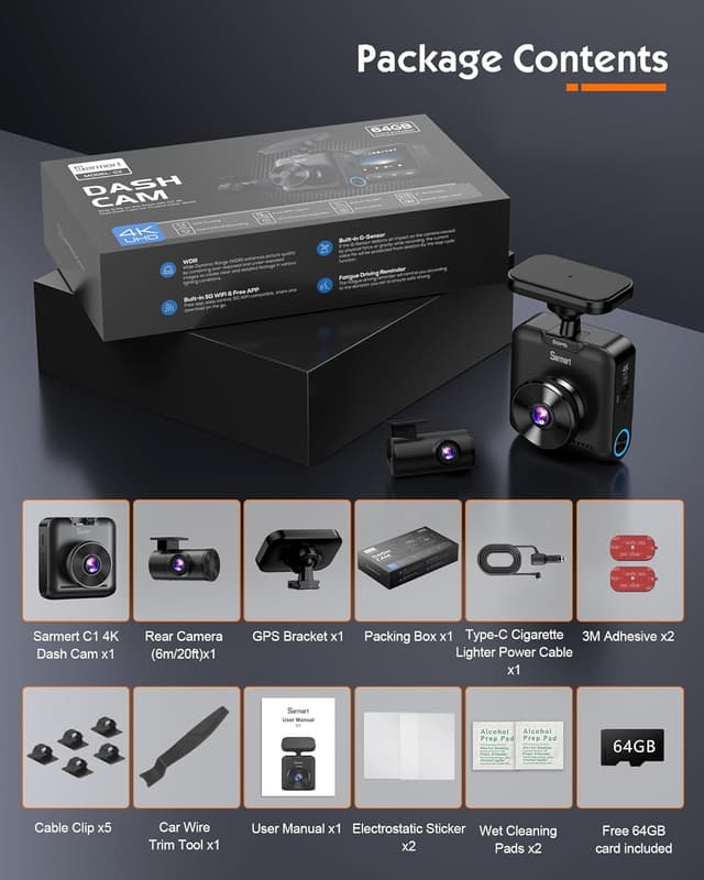Thumbnail 5 de Sarmert C2 4K Dual Dash Cam with GPS and 64GB