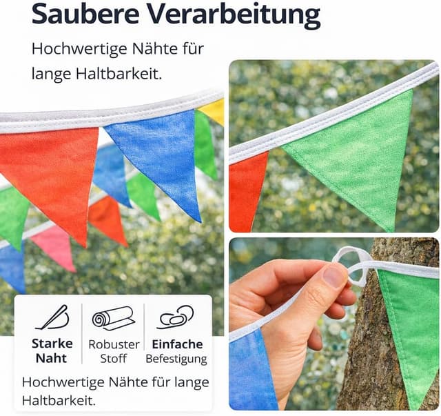 Detalle de XXL 100 Meter Wimpelkette bunt – Girlande für Garten & Party (Innen & Außen)