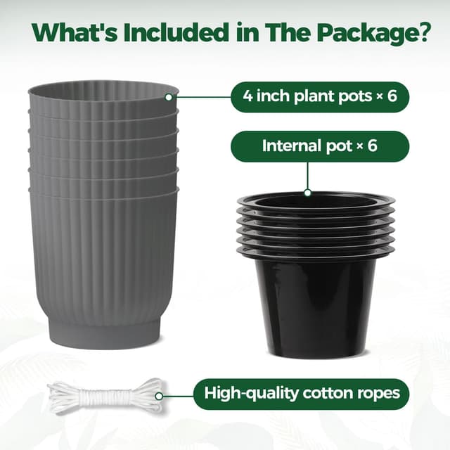 Detalle de T4U 10cm Self-Watering Plant Pots Indoor (6 Pack) – Grey Plastic Indoor Flower Pots