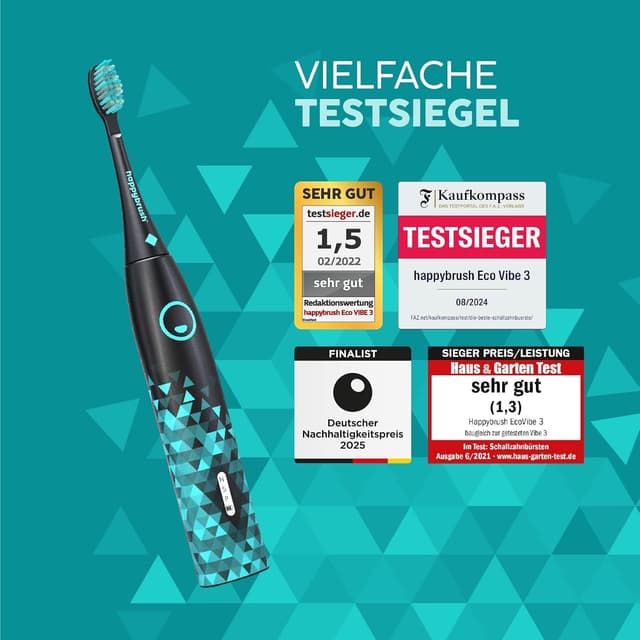 Detalle de happybrush® Schallzahnbürste Eco Vibe 3 (Black/Mint) – Ultraschall-Elektrozahnbürste mit 8‑Wochen-Akku & 2 Jahre Garantie