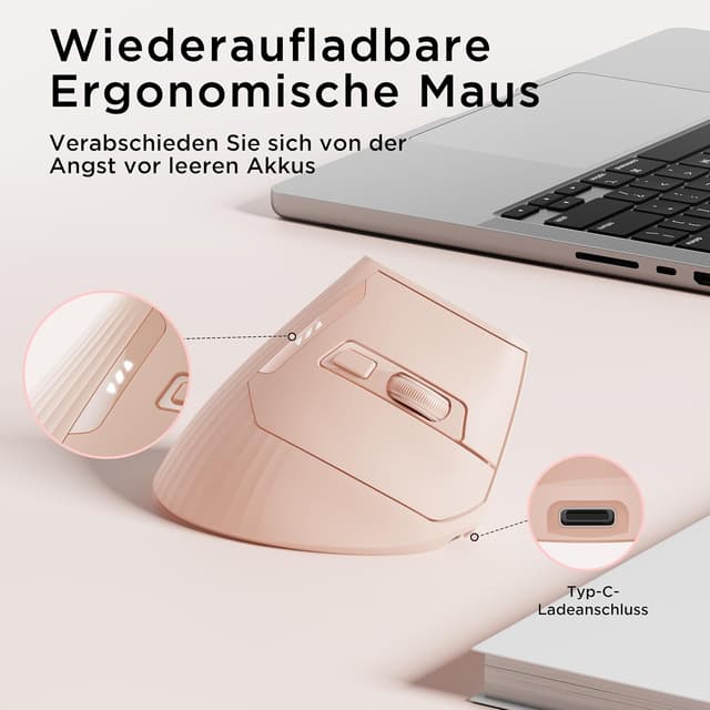 Detalle de Uineer kabellose vertikale Multi-Device Maus (Tri-Mode) mit 2.4G/BT 4.0/5.0, 4 DPI-Stufen und 6 Tasten – Rosa