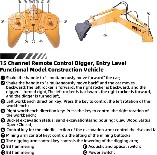 Thumbnail 6 de Pelleteuse télécommandée 1:14 RC 15 canaux avec lumières et sons – tractopelle pour enfants