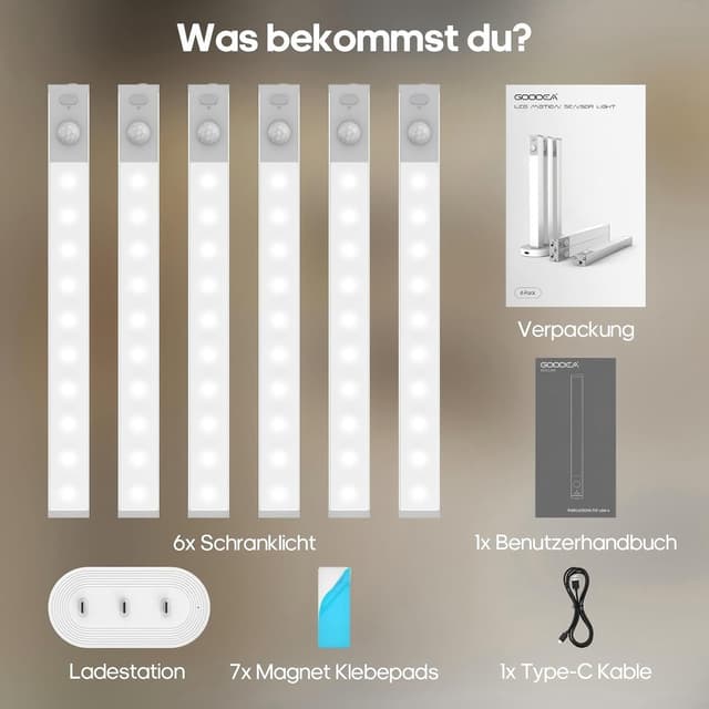 Thumbnail 6 de GOODEA 18 cm Slim Bright Schrankbeleuchtung (6er-Set) mit USB-C-Lade-Dock, dimmbar, 8000K