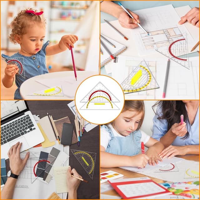 Thumbnail 6 de Vicloon set square set (4 pcs) with 45° triangle rulers and transparent protractor – red and yellow