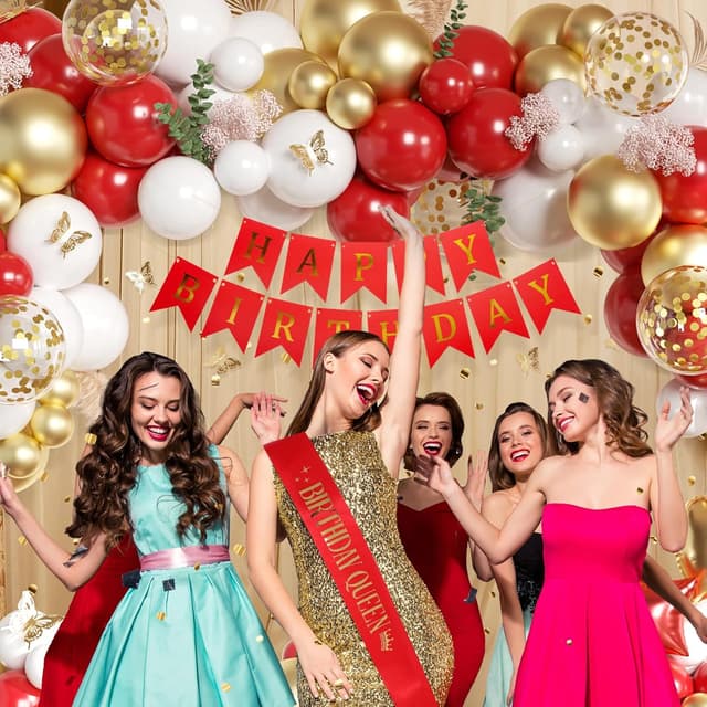 Detalle de WEQTWL Red and Gold Birthday Party Decorations with Happy Birthday Banner, Balloons and Cake Topper