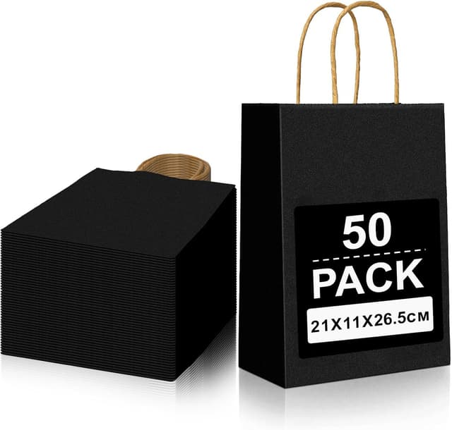 Detalle de Gucass 50er Set Mittelgroße Papiertüten mit Henkel (Schwarz Kraft), 21×11×27 cm