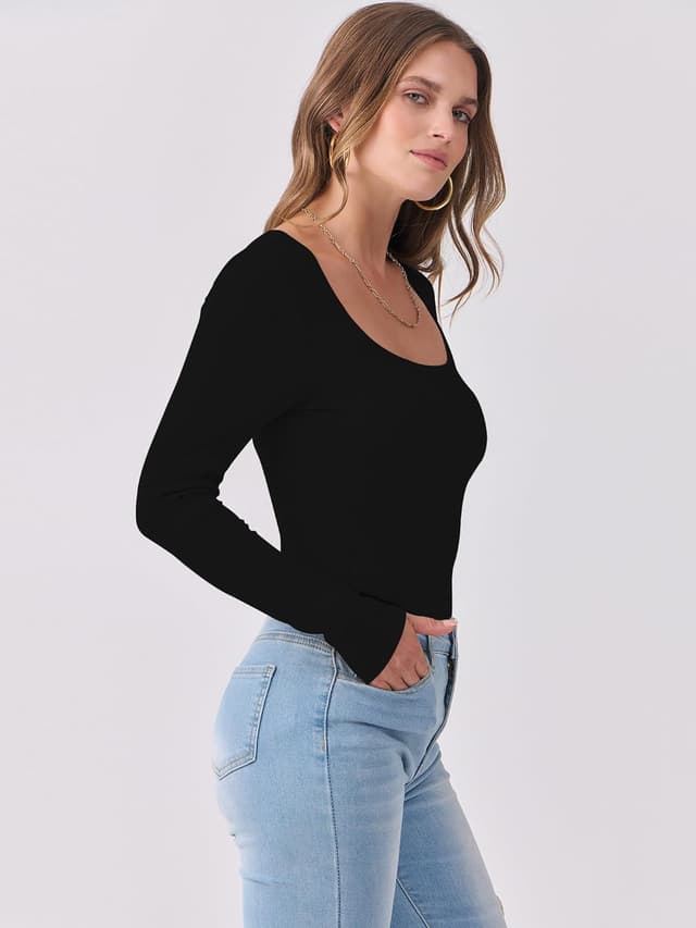 Detalle de DUOEASE Langarmshirt Damen Basic Slim Fit mit U-Ausschnitt (Stretch, einfarbig)