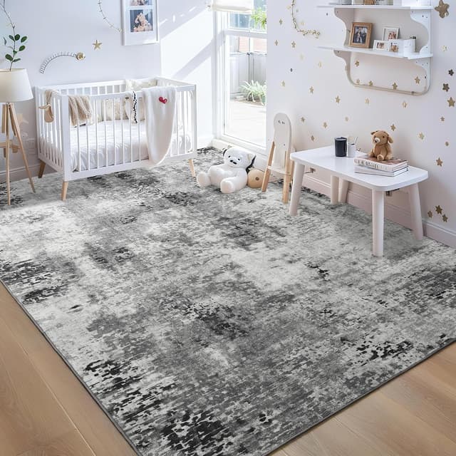 Detalle de Ompaa Living Room Rug 7x10 Gray — Machine-Washable Abstract Faux Wool Area Rug