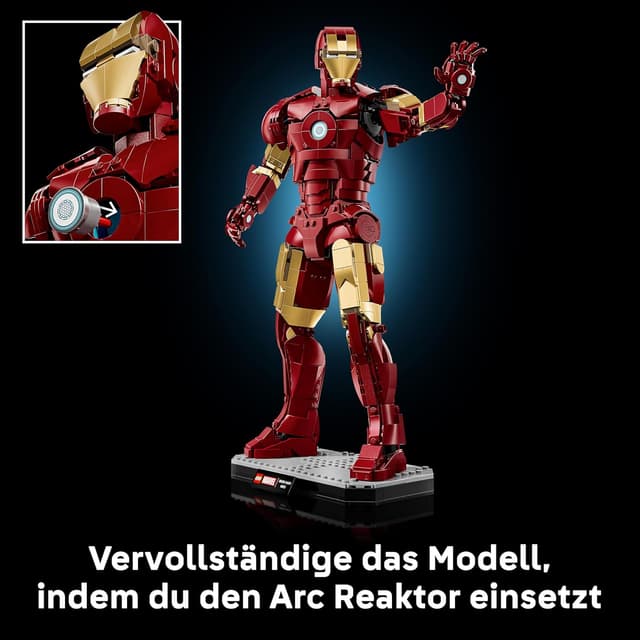 Detalle 2 de LEGO Marvel Iron Man Mark 3 Sammleredition (76344) – Bauset für Erwachsene mit Minifigur, Ständer und Namensschild