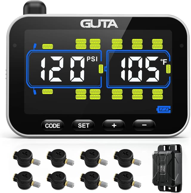 Detalle de GUTA GT20 Tire Pressure Monitoring System (TPMS) for RVs, Trailers & Trucks — Color LCD, 8 Flow-Through Sensors
