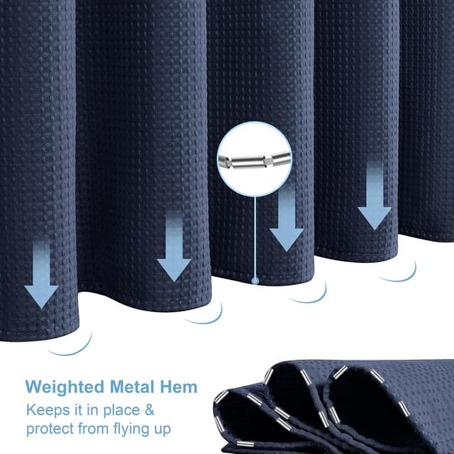 Detalle 2 de Rideau de douche VANZAVANZU motif gaufre bleu marine 92x182 cm avec anneaux métalliques