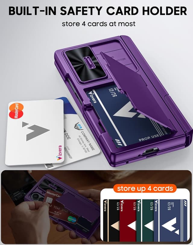 Detalle de Vizvera for Samsung Galaxy Z Fold 7 Case with RFID Wallet, Stand & HD Tempered Glass (Purple)