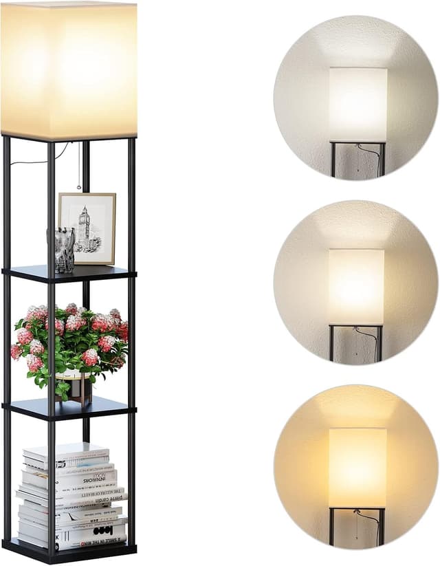 Detalle de Stehlampe mit Regal und 3 Farbtemperaturen (3000K/4500K/6000K) für Wohnzimmer, Schlafzimmer & Büro in Schwarz