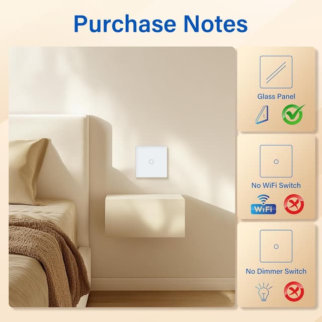 Detalle de BSEED Touch Light Switch (Tempered Glass Panel, LED Indicator) – 1 Gang, 1 Way, White (No Neutral Wire)