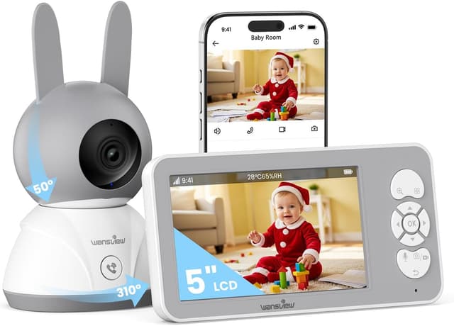 Detalle de wansview Babyphone mit Kamera (2,4/5 GHz WLAN, 5 Zoll, 1080P, 940 nm IR) inkl. App & automatischer Verfolgung