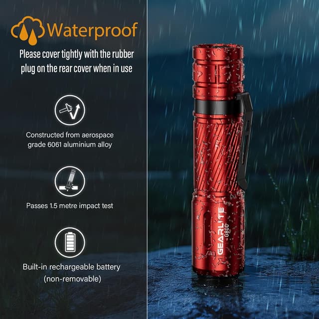Detalle de GEARLITE G800 Mini LED-Taschenlampe mit Akku, 2000 Lumen, zoombar, 3 Modi, IP65 (rot)