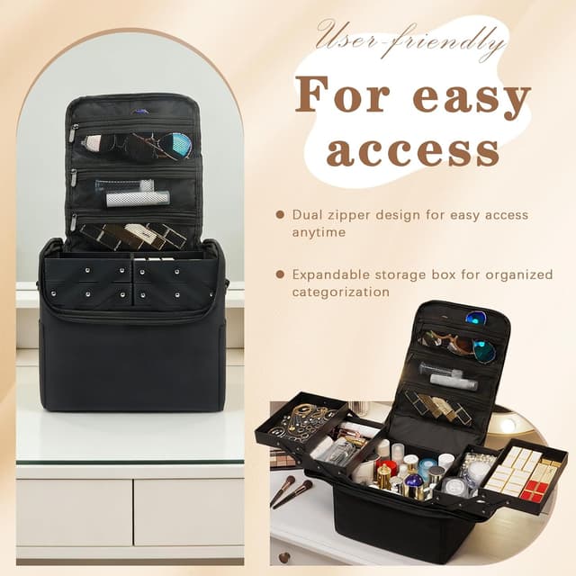 Detalle de MomTend Makeup Organiser Bag Vanity Case with 4 Trays, Shoulder Strap and Black Beauty Box Storage