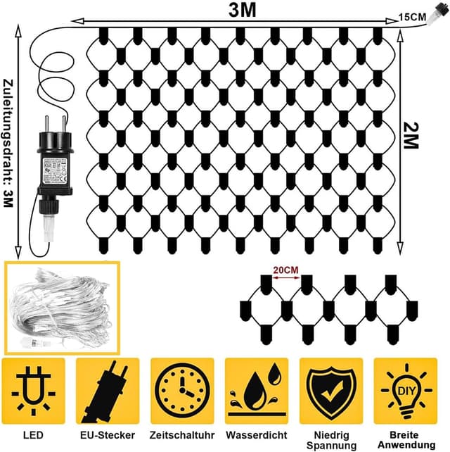 Detalle de yowin 2 pezzi rete luminosa da esterno 3m x 2m con 200 LED, IP65, 8 modalità e timer (con spina)