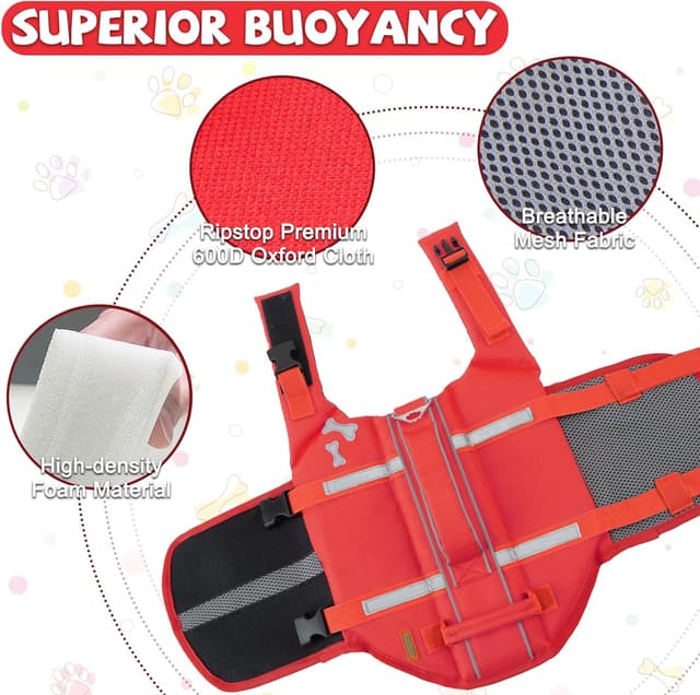 Detalle de EMUST Adjustable Dog Swim Vest (XL, NewRed) with Rescue Handle and Reflective Strips