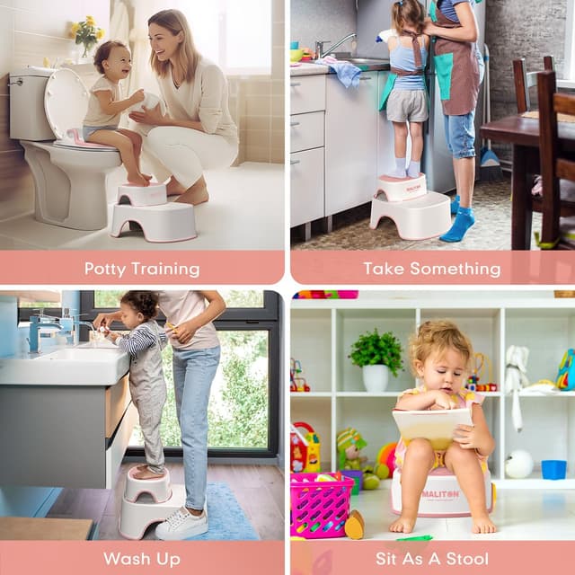 Detalle 2 de Maliton Toddler Toilet Seat with 2 Step Stool (Pink) – Anti-Slip, Handles & Splash Guard for 1–8 Years