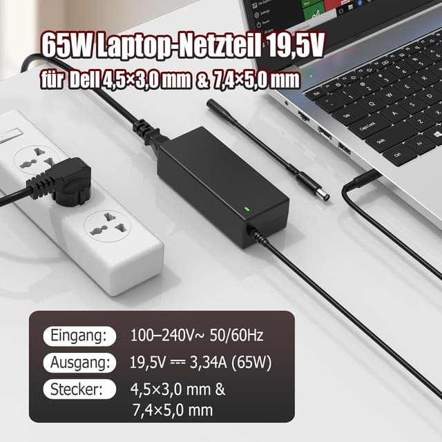 Detalle de 65-W-Laptop-Ladekabel (Netzteil) für Dell – kompatibel u. a. mit Inspiron & Latitude (19,5 V, 65 W max)
